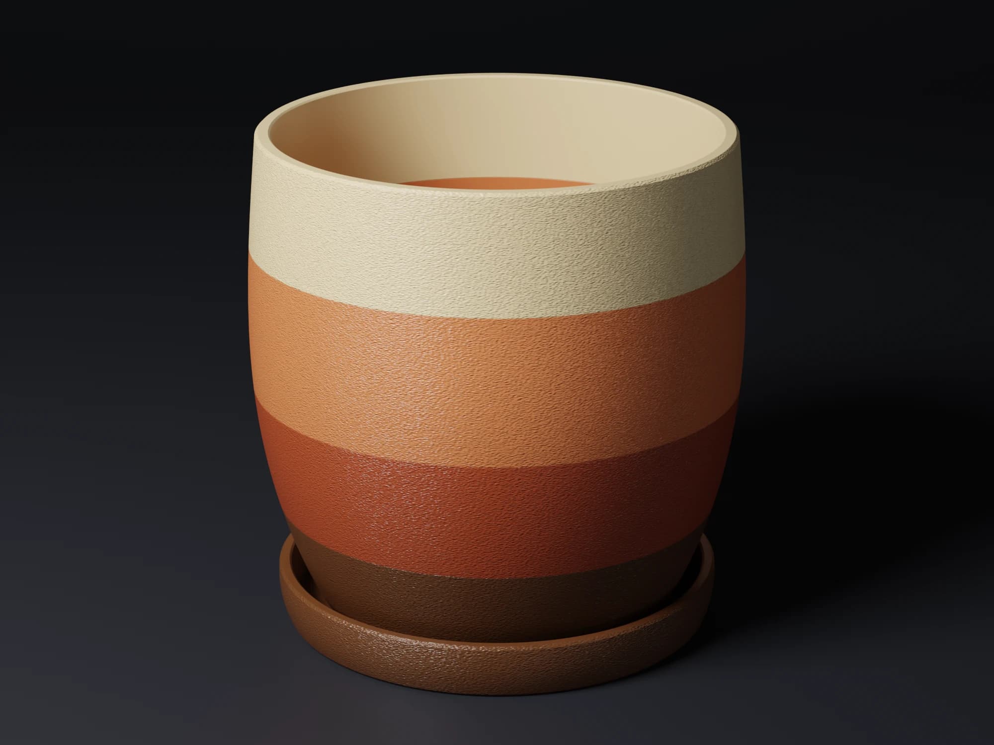 Drie bloempotten in oplopende grootte met banden in ivoor, oranje, terracotta en bruin